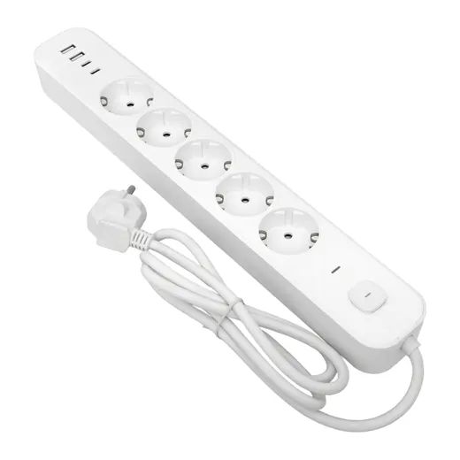 Удлинитель 5-мест 5м ПВС 3*1,5 белый выкл EKF  2USB 2,4А+2USBtype-С