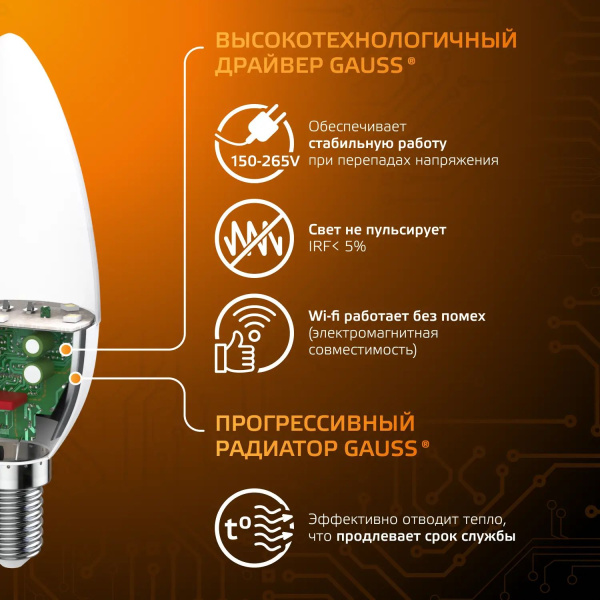 Лампа свд 220В E14 9,5Вт 3000К 890лм свеча B35 матовая Gauss